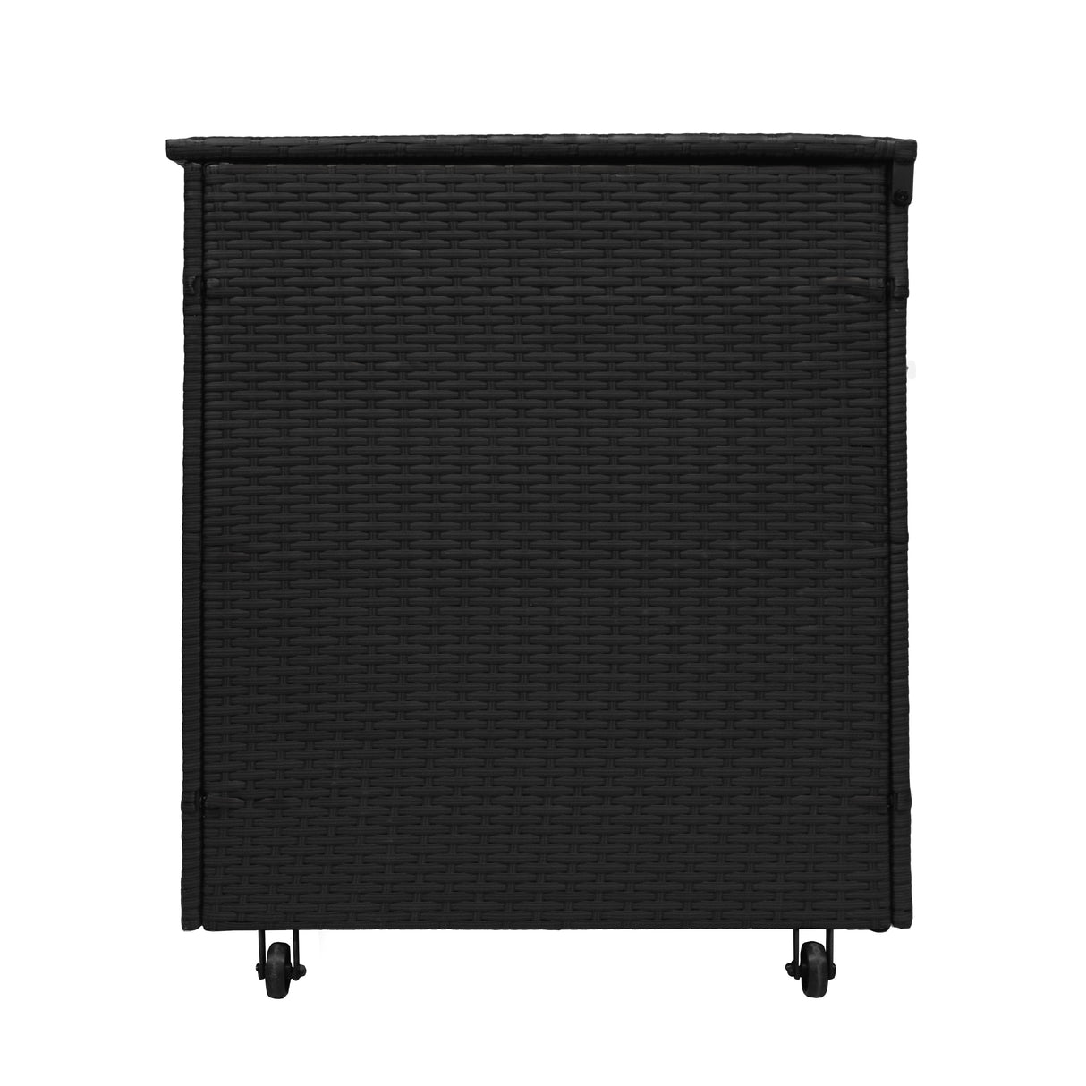 Coffre de rangement en rotin noir, finition tressée, avec roulettes pour un déplacement facile, idéal pour un salon de jardin de 9 personnes