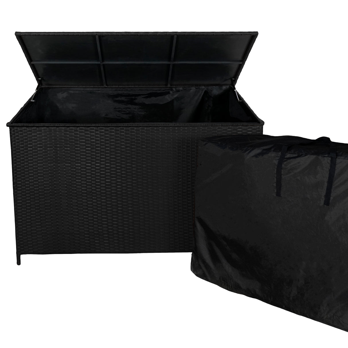 Coffre de rangement en rotin noir, ouvert, avec intérieur spacieux et texture tissée, idéal pour le mobilier de jardin