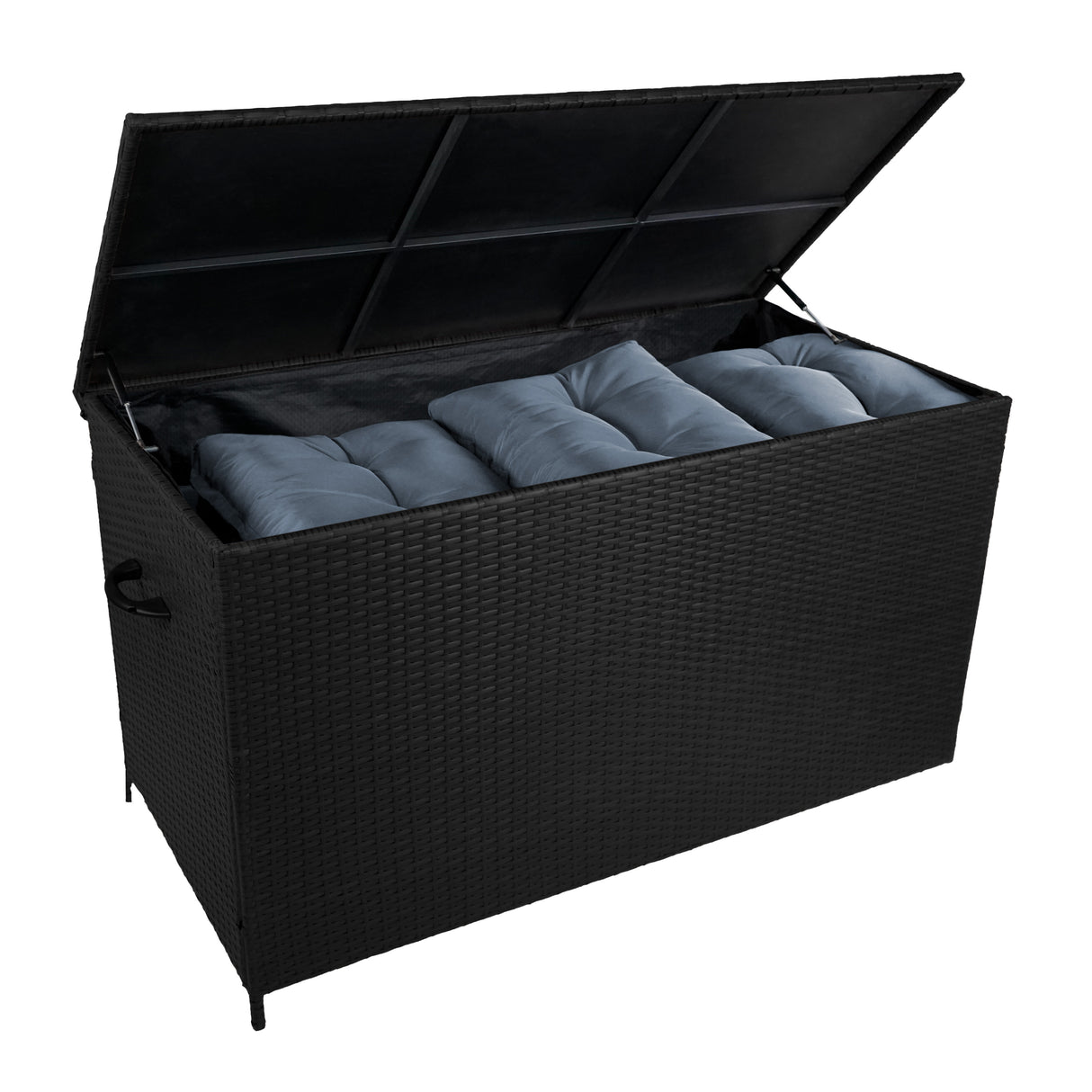 Coffre de rangement en rotin noir ouvert, révélant des coussins gris à l'intérieur, idéal pour un salon de jardin de 9 personnes