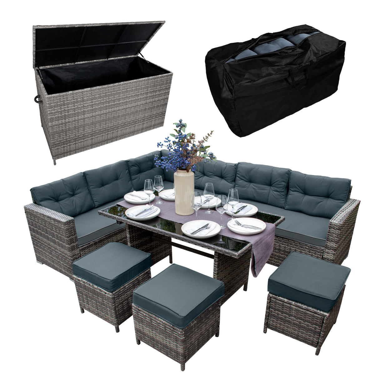 Salon de jardin en rotin gris pour 9 personnes, avec coussins confortables, table en verre et coffre de rangement pratique