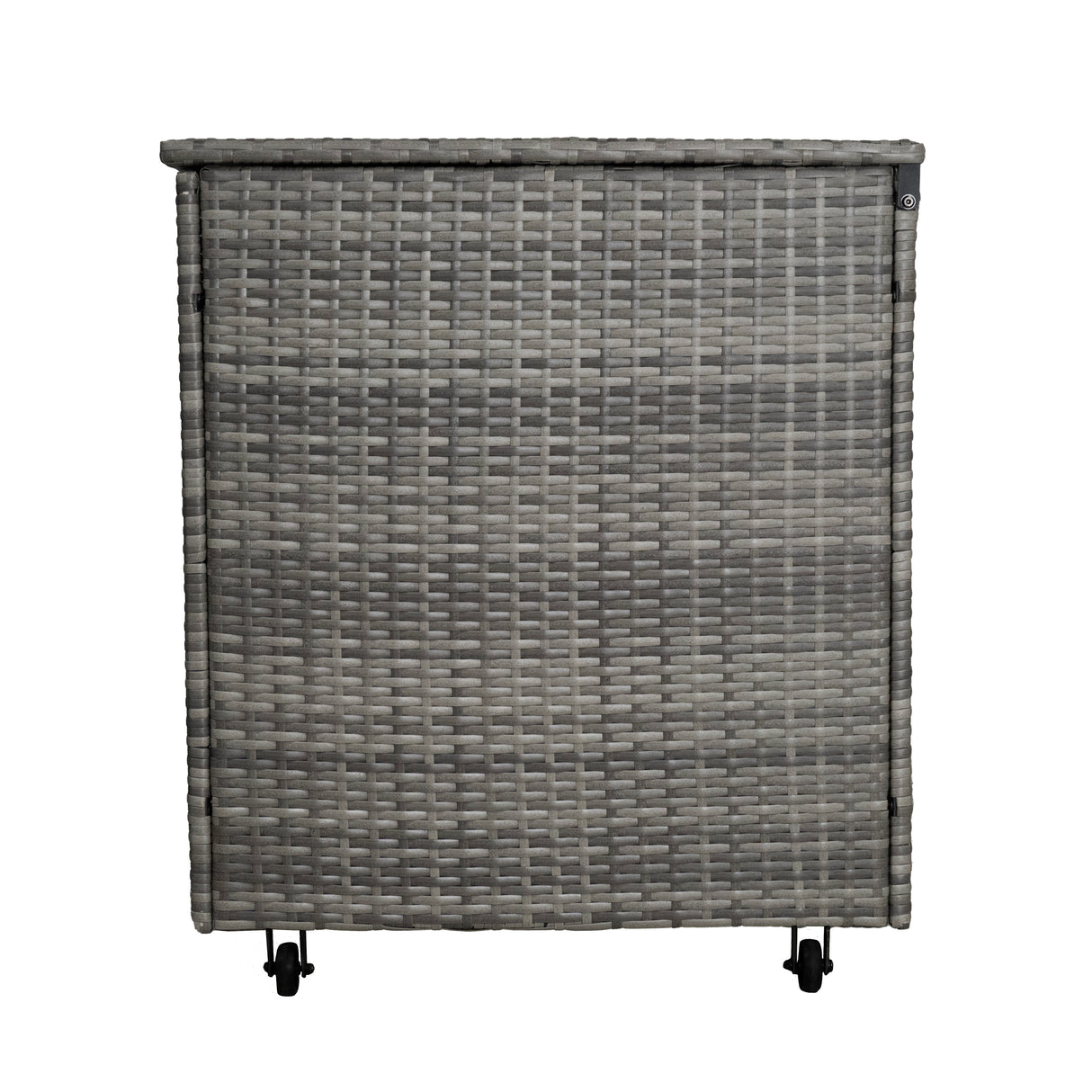 Coffre de rangement en rotin gris, texture tissée, design pratique avec roulettes pour un accès facile, idéal pour le jardin