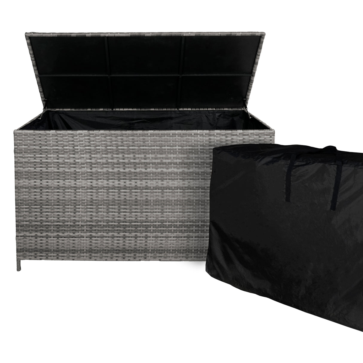 Coffre de rangement en rotin gris avec couvercle ouvert, montrant un intérieur spacieux et un coussin de protection noir à côté