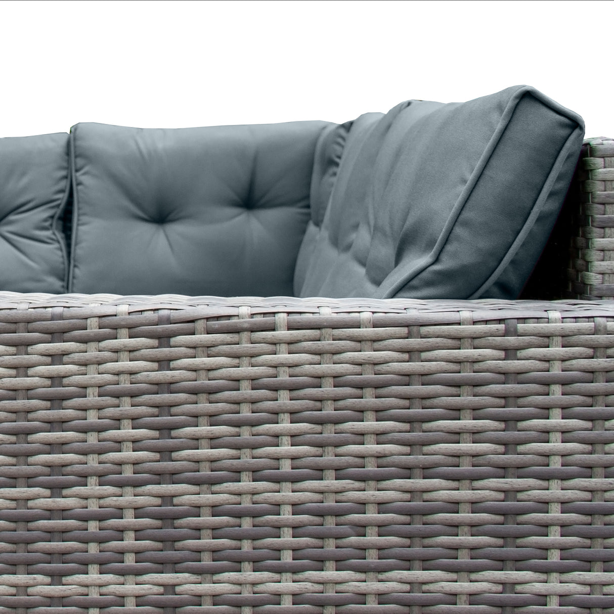 Salon de jardin en rotin gris pour 9 personnes, avec coussins en tissu gris, texture tissée et design moderne, idéal pour l'extérieur