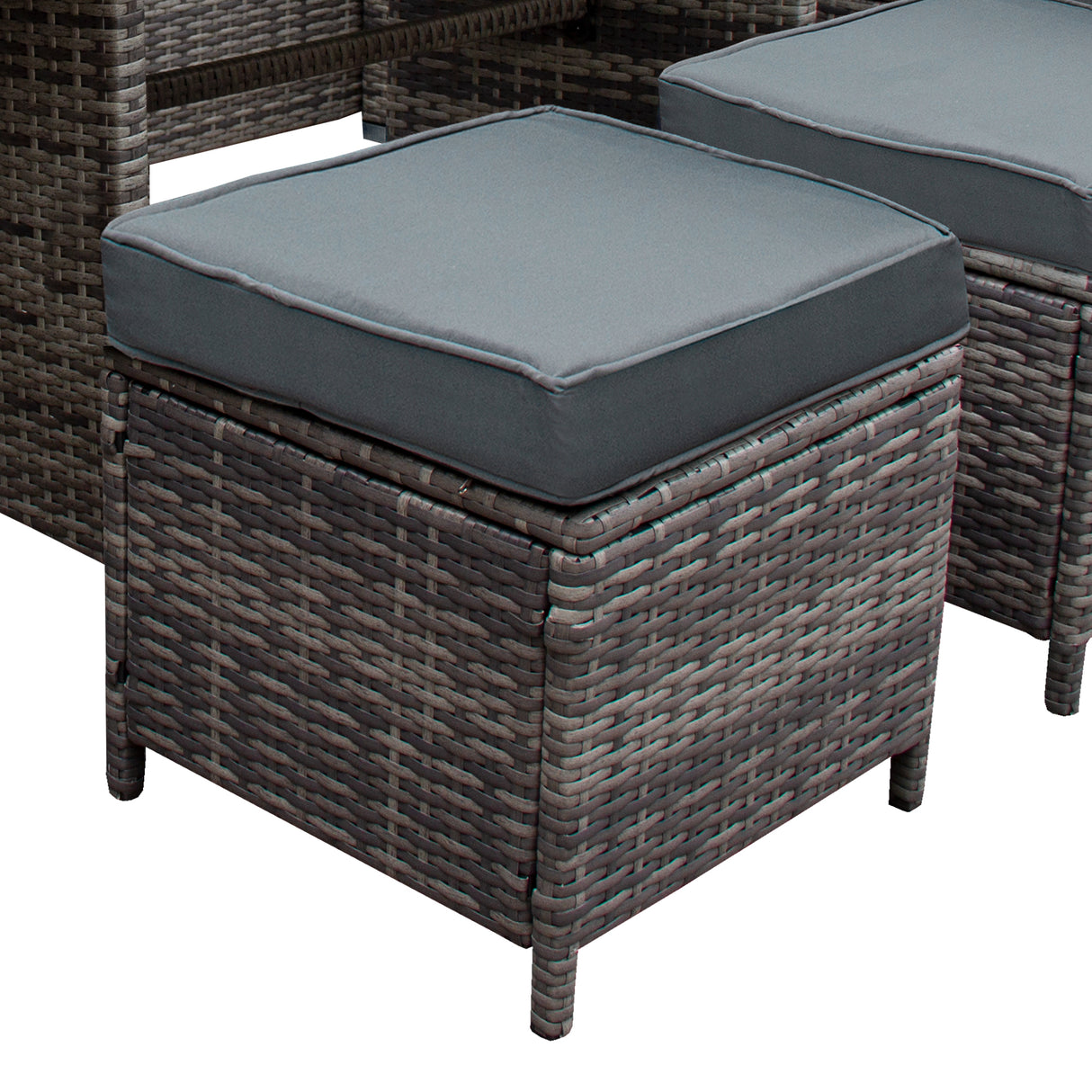 Coffre de rangement en rotin gris avec coussin gris, texture tissée, conçu pour un salon de jardin accueillant jusqu'à 9 personnes