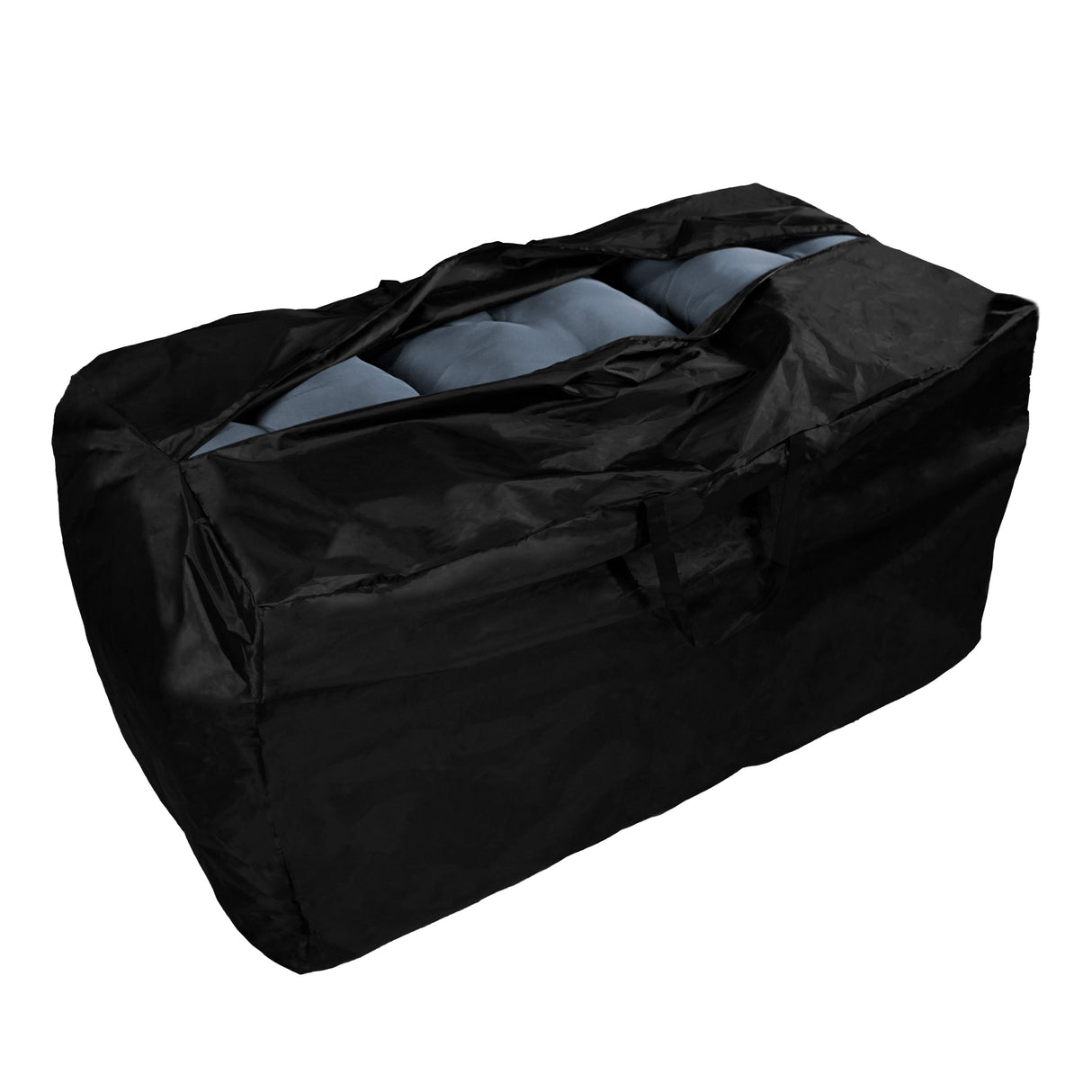 Coffre de rangement noir en tissu, contenant des coussins gris, idéal pour un salon de jardin de 9 personnes en rotin