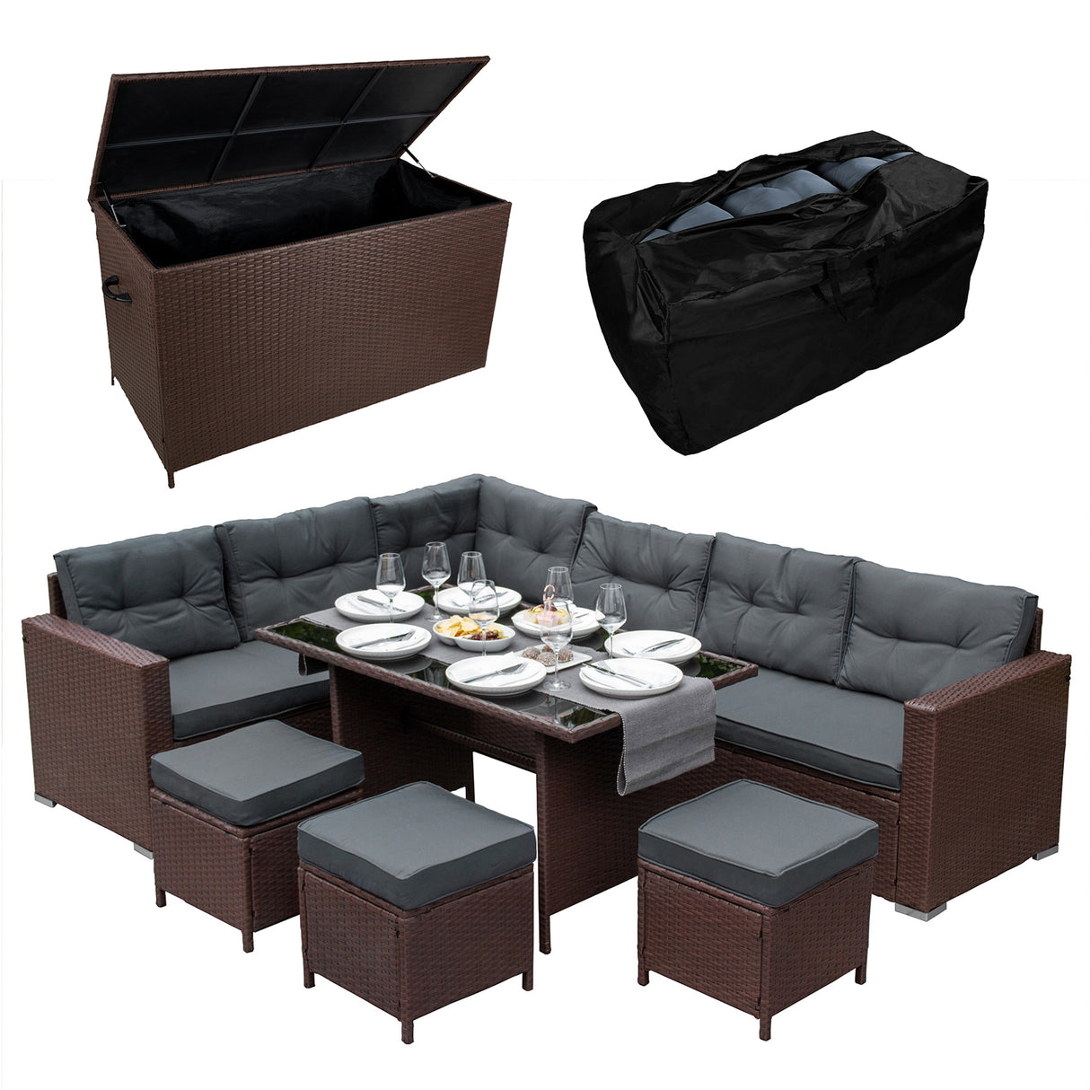 Salon de jardin en rotin marron pour 9 personnes, avec coussins gris, table basse, et coffre de rangement pratique en haut