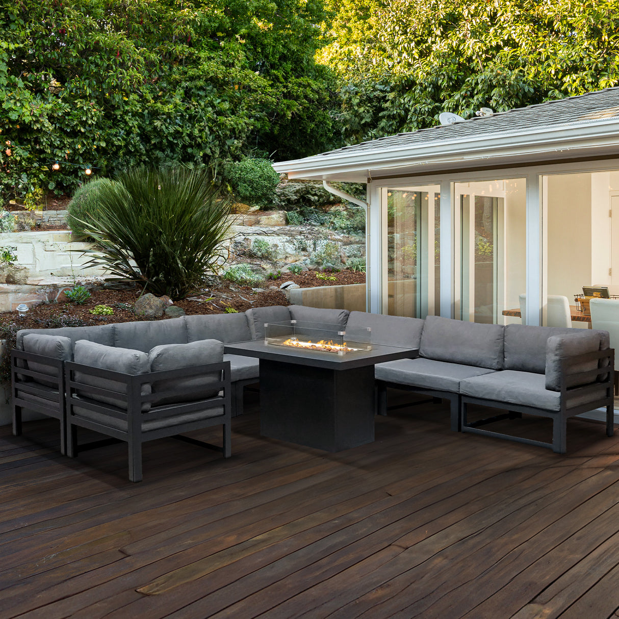 Salon de Jardin en Aluminium 8 Personnes & Table Foyer au Gaz - Gris