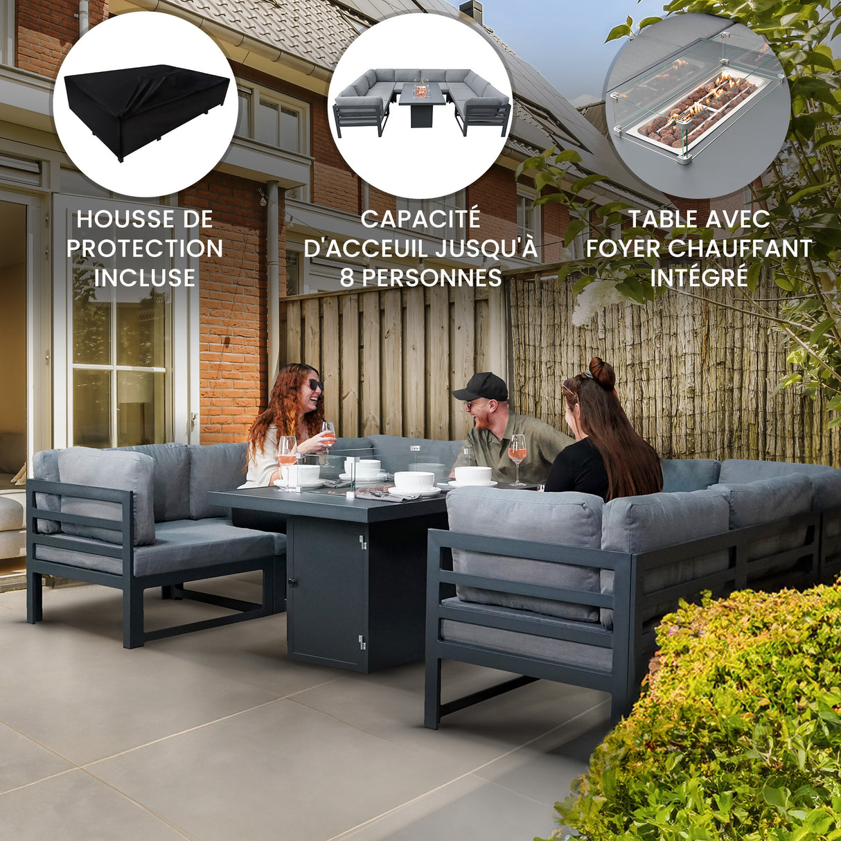 Salon de Jardin en Aluminium 8 Personnes & Table Foyer au Gaz - Gris