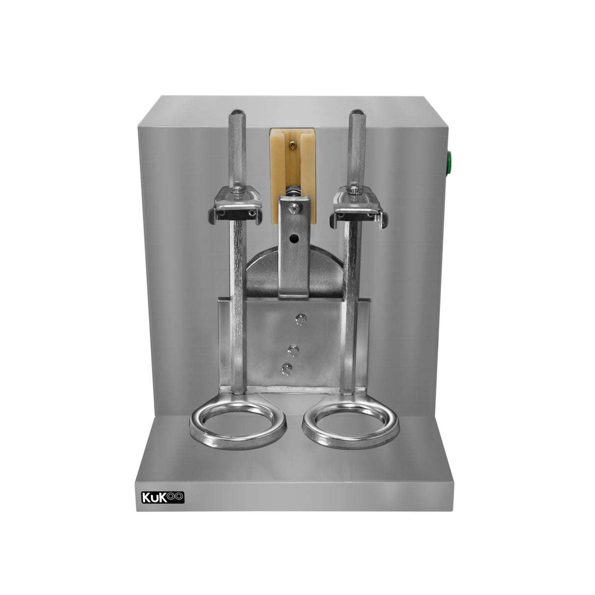 Shaker à bubble tea automatique en acier inoxydable avec deux supports ronds, finition lisse et boutons de commande verts