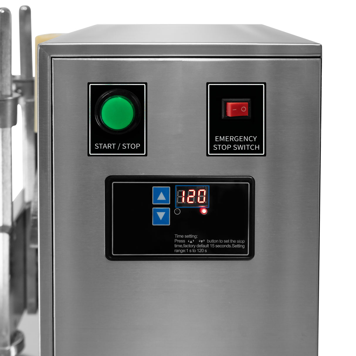 Panneau de contrôle en acier inoxydable avec boutons verts et rouges, affichage numérique indiquant le temps de 128 secondes pour le shaker à bubble tea