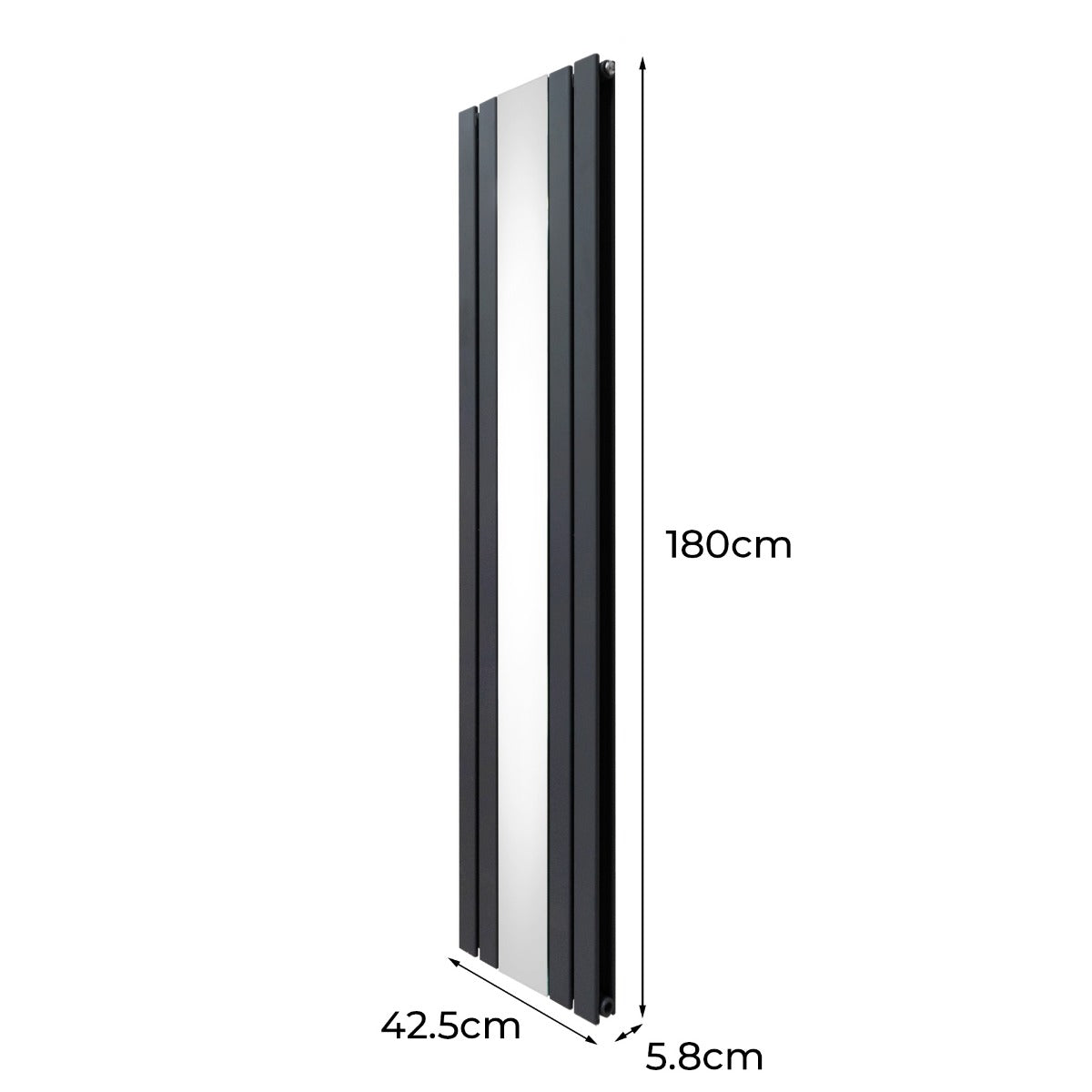 Radiateur plat à miroir gris anthracite, 180 cm de hauteur, 42,5 cm de largeur, design moderne et épuré avec finitions lisses