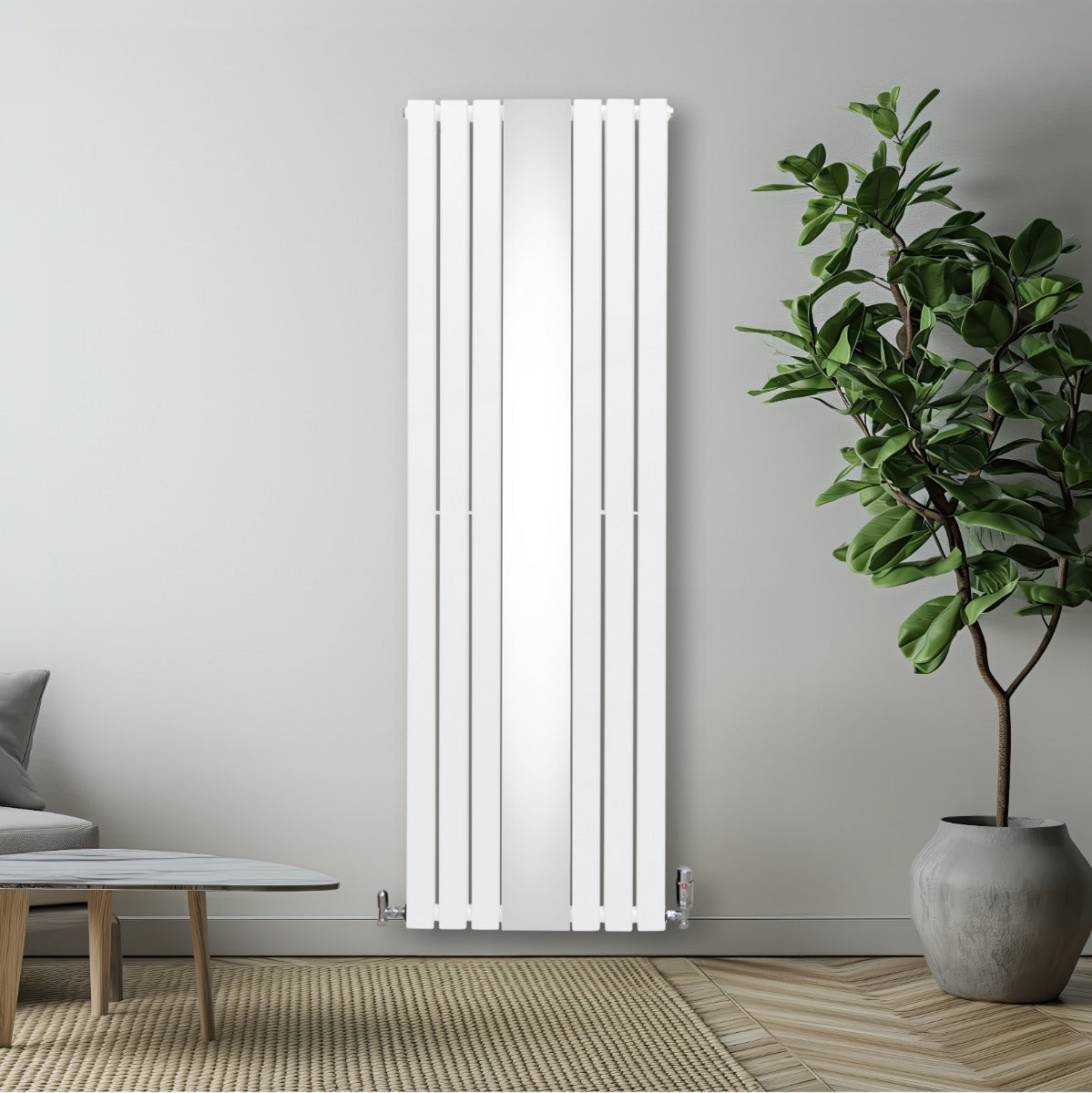 Radiateur plat à miroir blanc, 2 panneaux, 1800 x 565 mm, design moderne avec lignes épurées, installé sur un mur clair, plante verte à côté