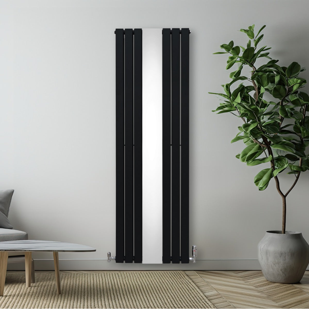 Radiateur plat à miroir noir, 2 panneaux, design moderne, finition lisse, installé sur un mur clair, entouré de plantes d'intérieur