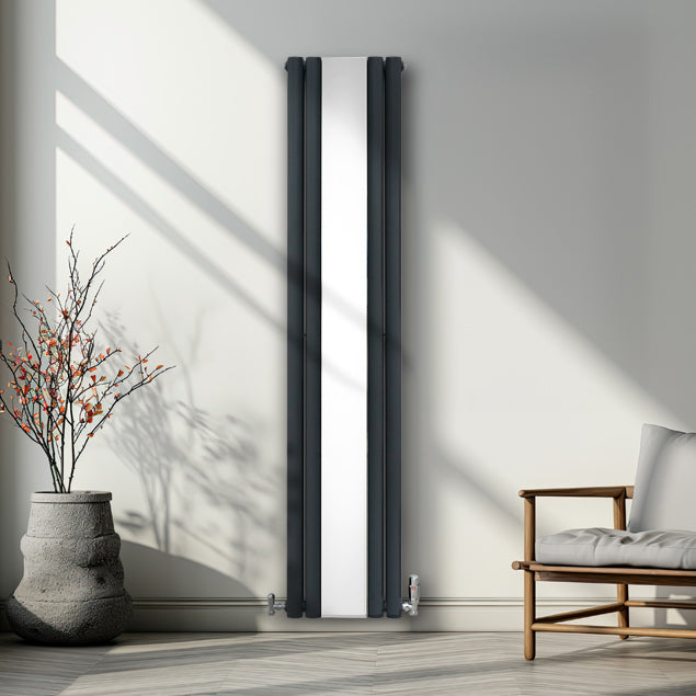 Radiateur à colonnes ovales gris anthracite avec miroir, design moderne, installé sur un mur lumineux, décor minimaliste élégant