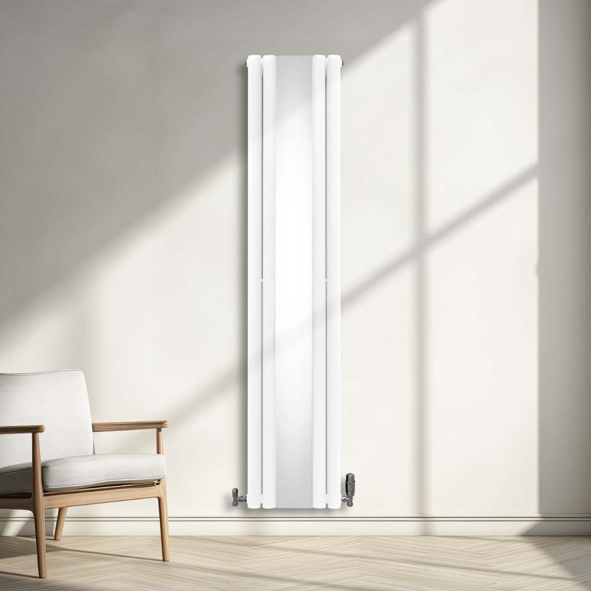Radiateur à colonnes ovales blanc, 2 panneaux, design moderne, installé sur un mur lumineux, avec une chaise en bois à côté