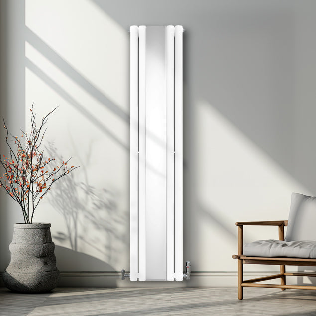 Radiateur à colonnes ovales blanc, 2 panneaux, 1800 x 380 mm, au design moderne, installé sur un mur lumineux avec une plante décorative