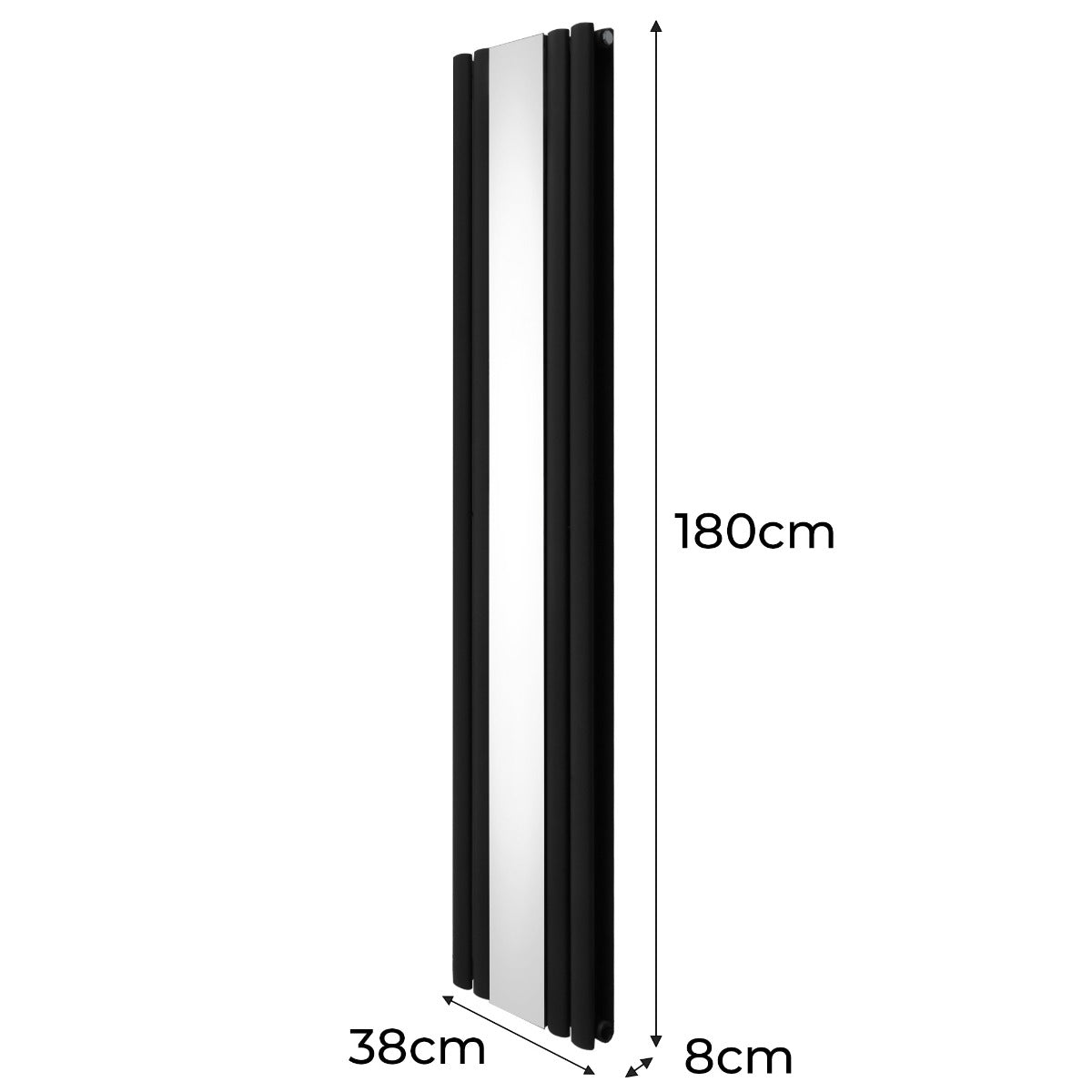 Radiateur à colonnes ovales noir avec miroir, dimensions 180 x 38 cm, design moderne et élégant, surface lisse et brillante
