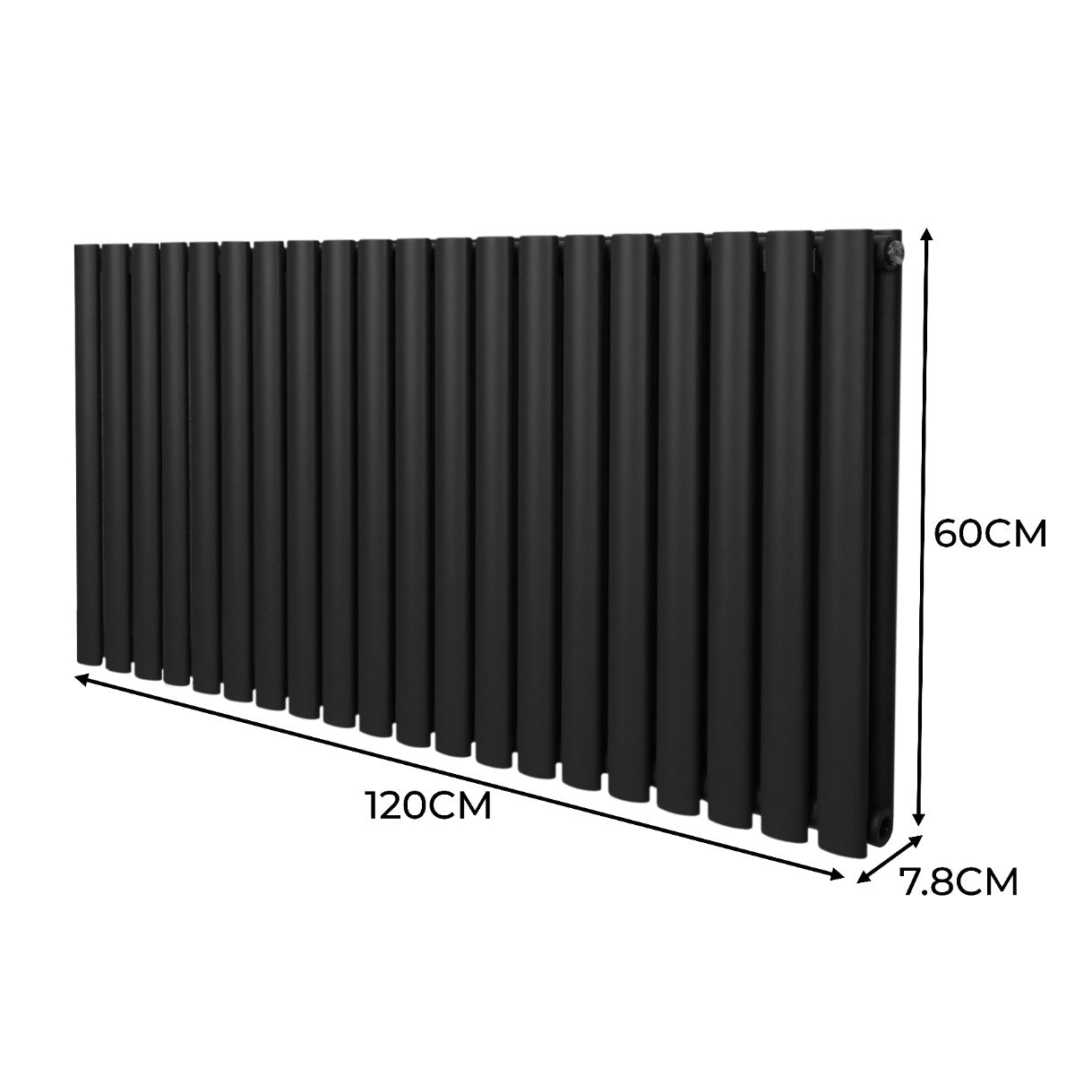 Radiateur à colonnes ovales noir, 600 x 1200 mm, avec deux panneaux, surface lisse et finition élégante, idéal pour un intérieur moderne