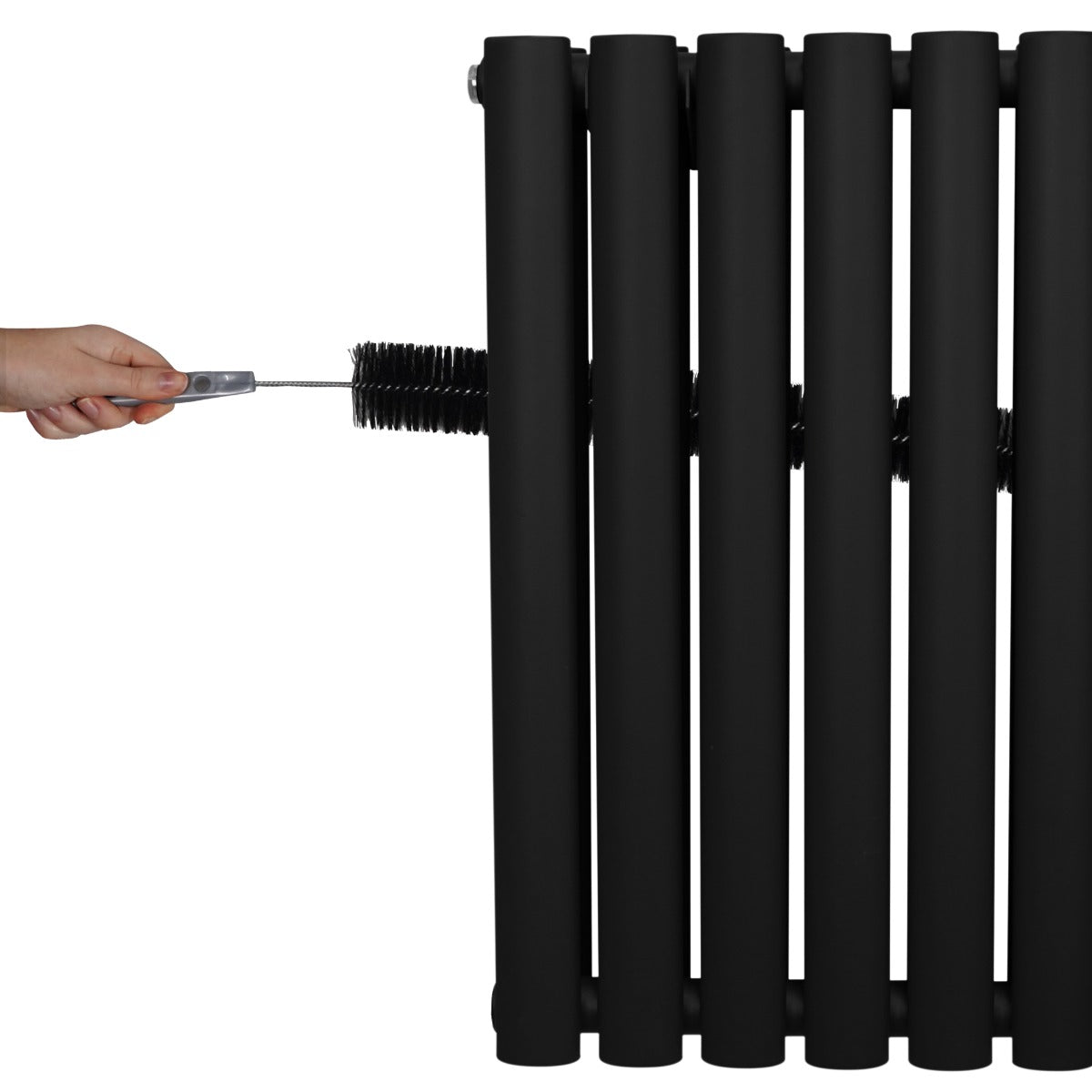 Radiateur à colonnes ovales noir avec deux panneaux, texture lisse, forme cylindrique, ajustement facile avec outil inclus