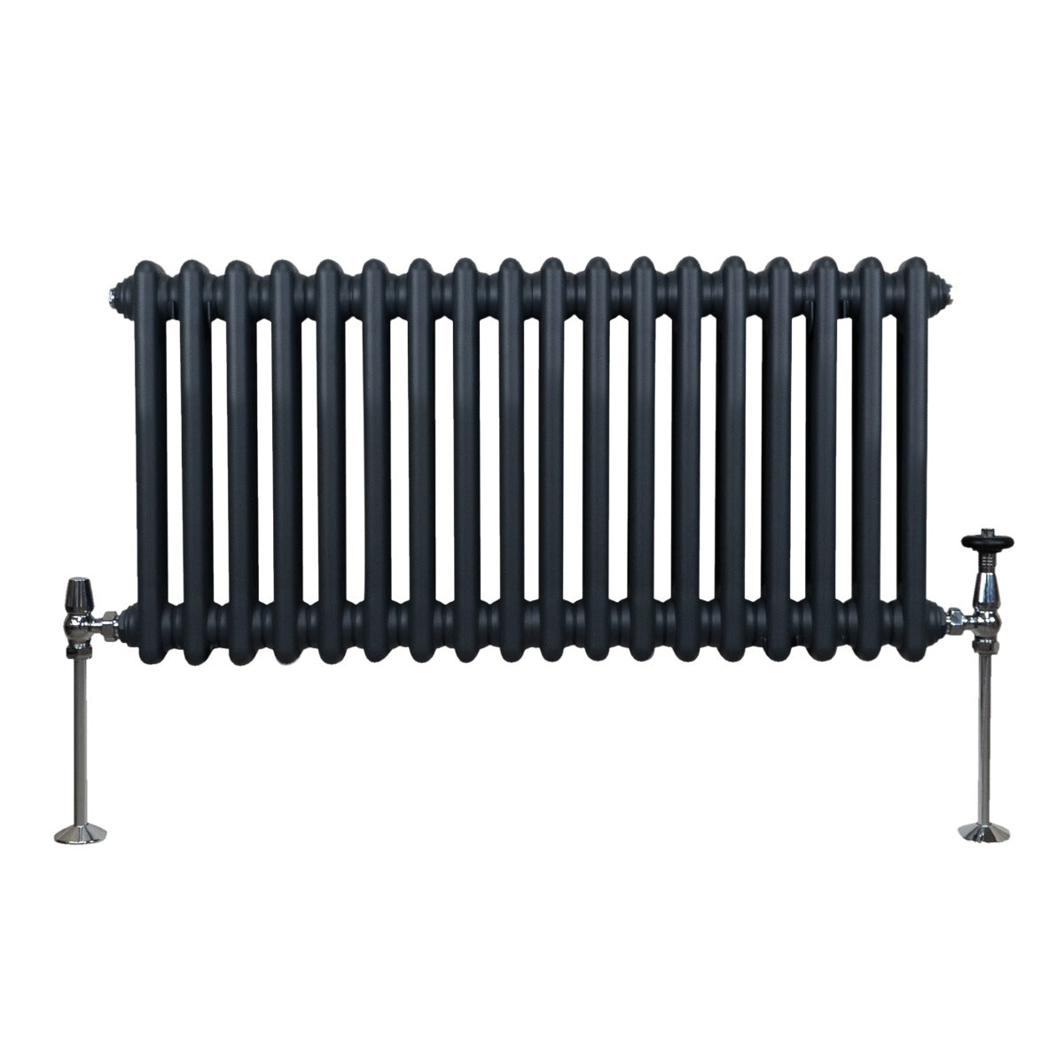 Radiateur traditionnel à 2 colonnes en gris anthracite, avec des finitions métalliques brillantes et un design élégant et moderne