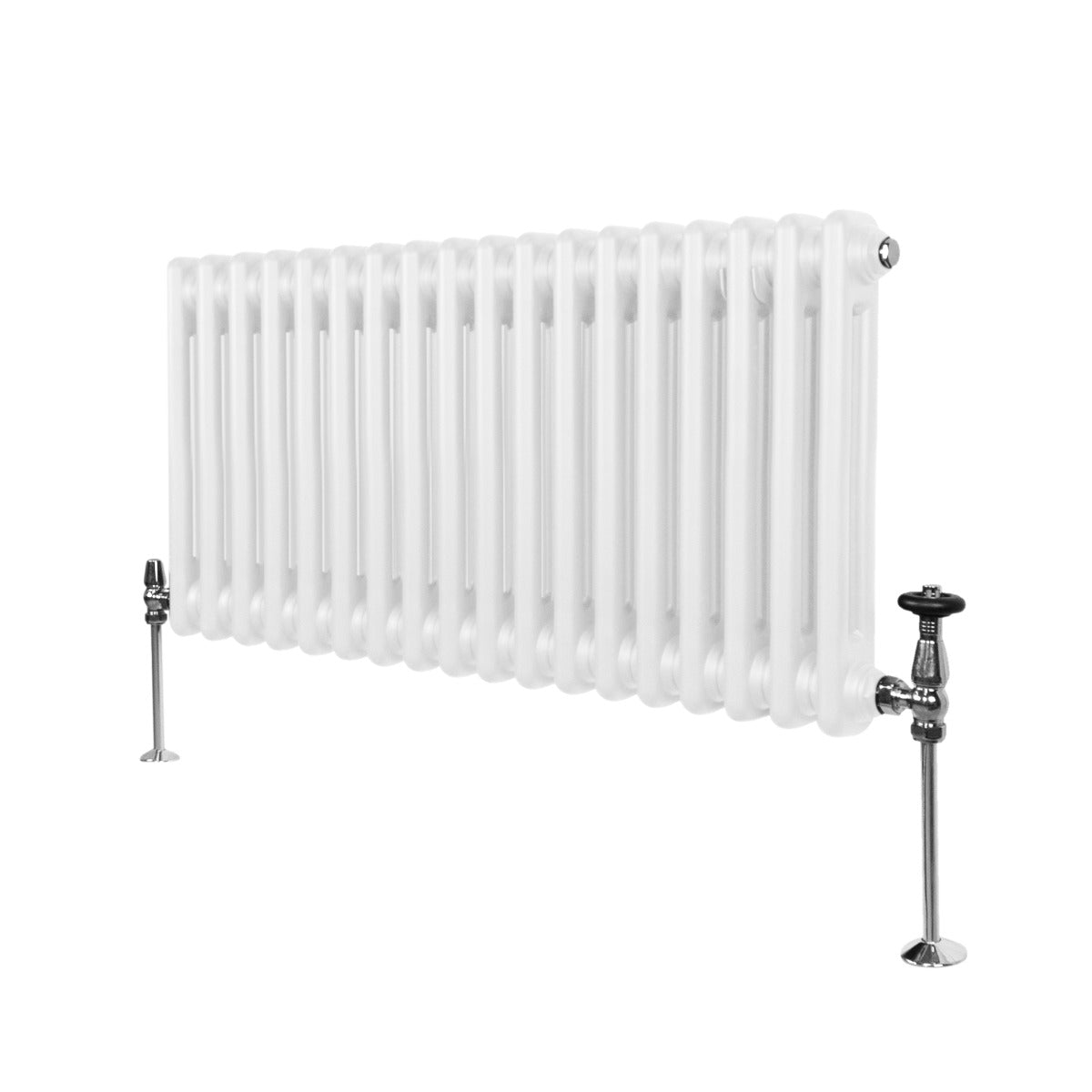Radiateur traditionnel à 2 colonnes, blanc, 300 x 832 mm, avec finition lisse et pieds en métal chromé, idéal pour un chauffage efficace