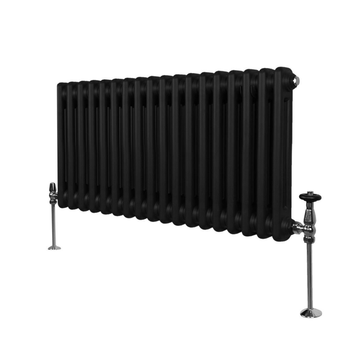 Radiateur traditionnel noir à 2 colonnes, 300 x 832 mm, avec des finitions chromées et une texture lisse et élégante