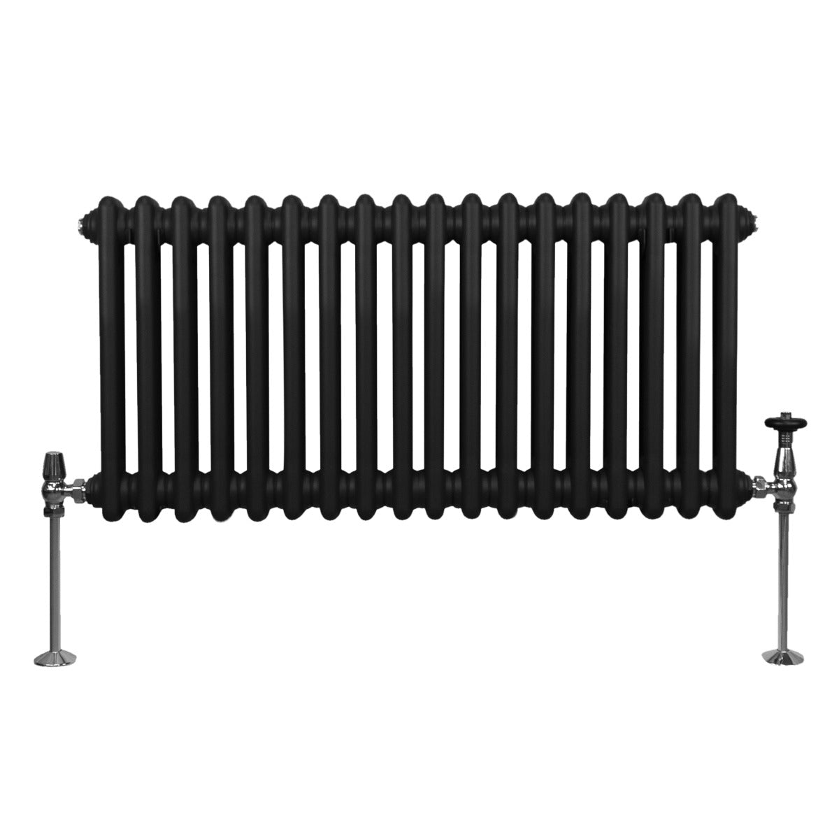Radiateur traditionnel noir à deux colonnes, 300 x 832 mm, avec une finition lisse et des pieds en métal chromé brillant