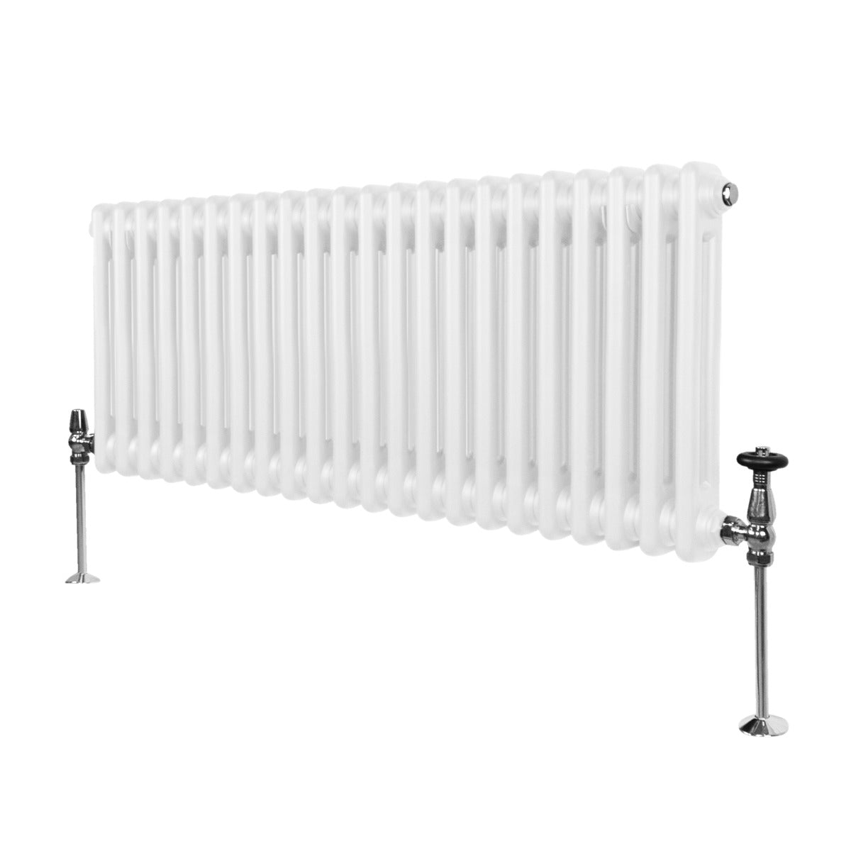 Radiateur traditionnel à 2 colonnes, blanc, avec finition lisse, dimensions 300 x 1012 mm, et robinets chromés élégants