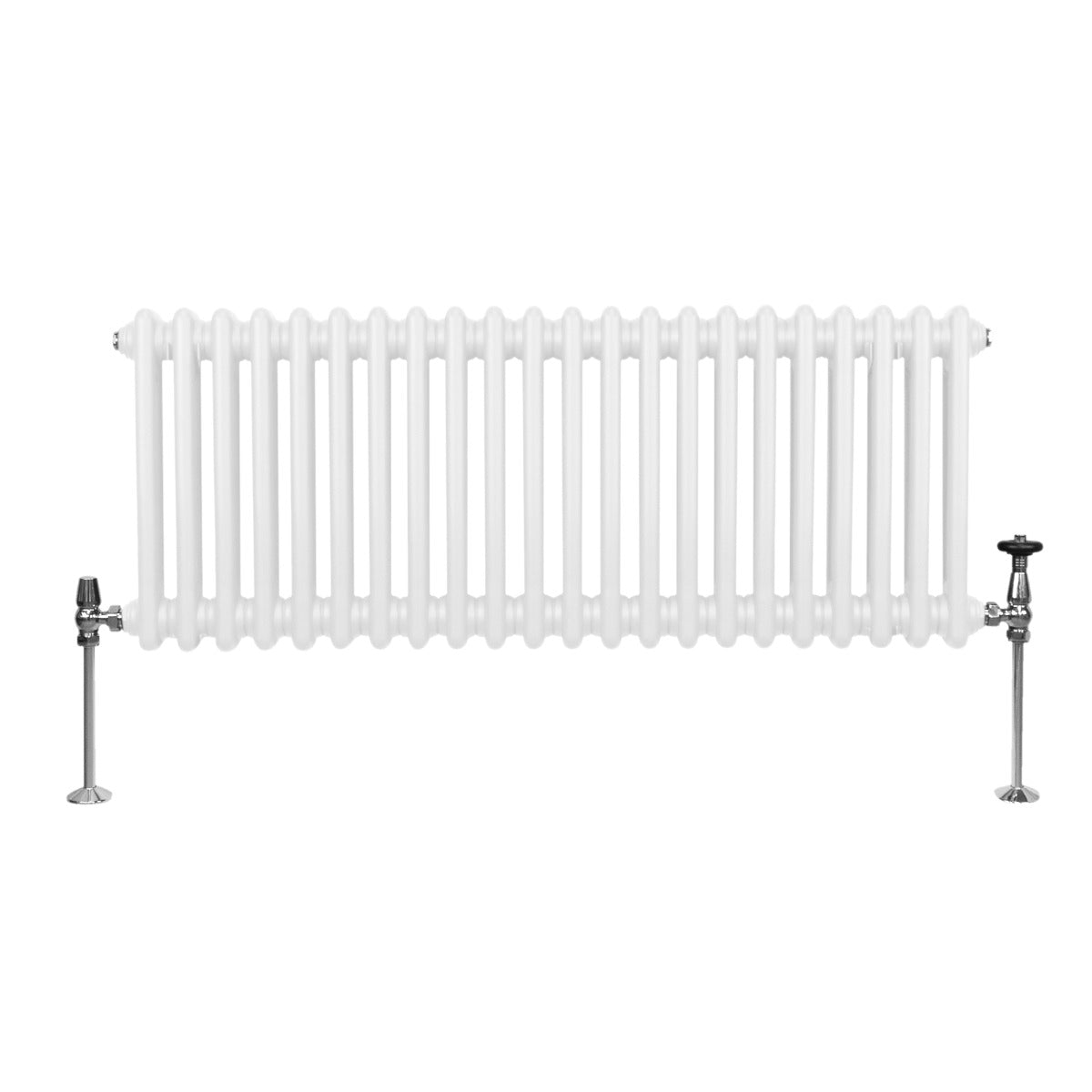 Radiateur traditionnel à deux colonnes, blanc, 300 x 1012 mm, avec des robinets en métal chromé et un design élégant et classique
