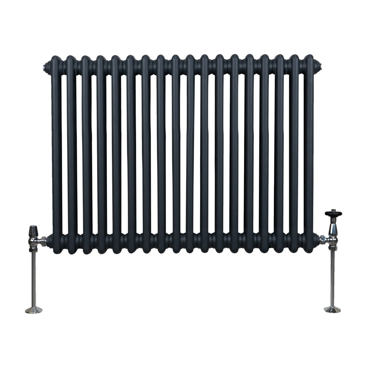 Radiateur traditionnel à 2 colonnes, 600 x 832 mm, en gris anthracite, avec une finition lisse et des pieds en métal chromé