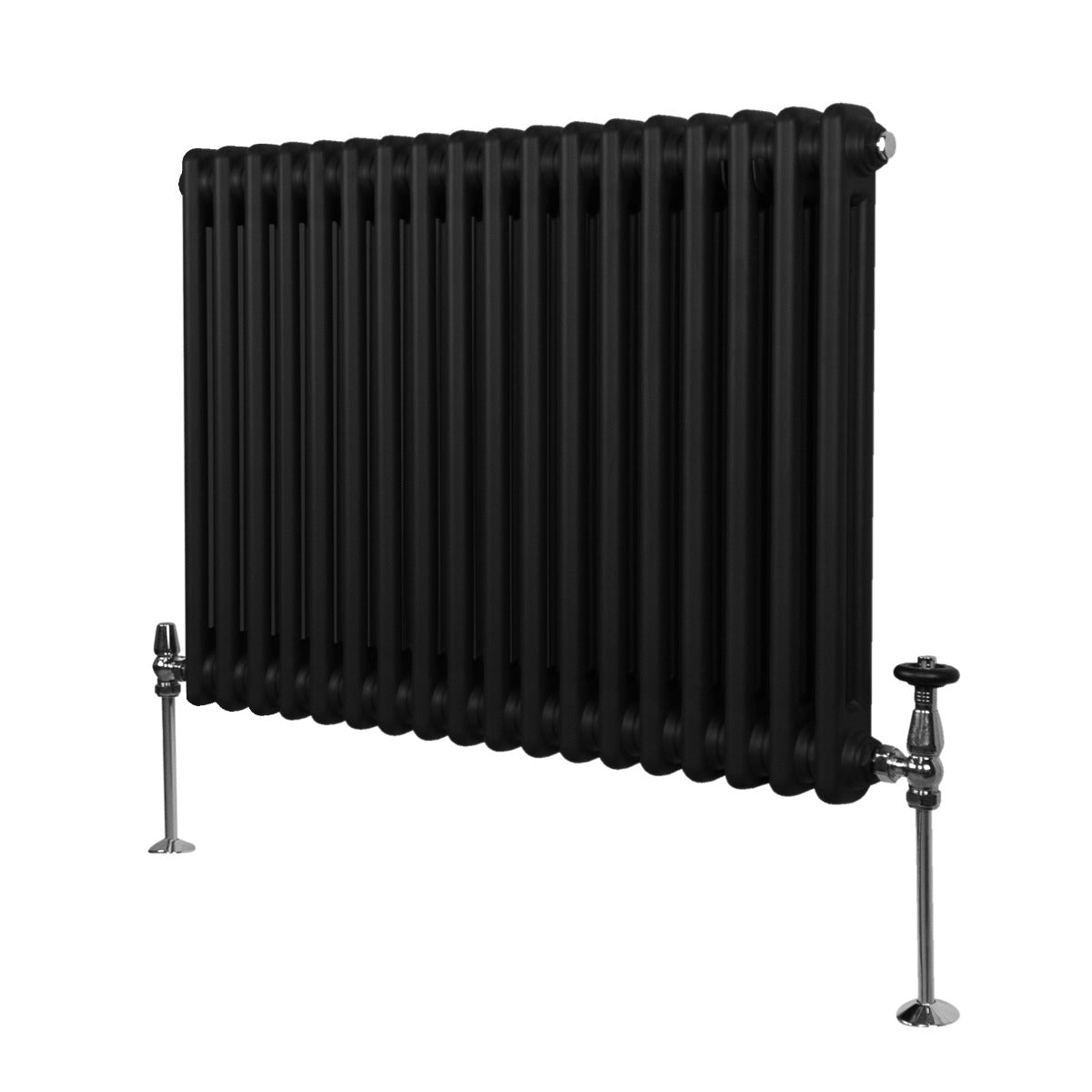 Radiateur traditionnel noir à 2 colonnes, 600 x 832 mm, avec une texture lisse et des pieds en métal chromé brillant