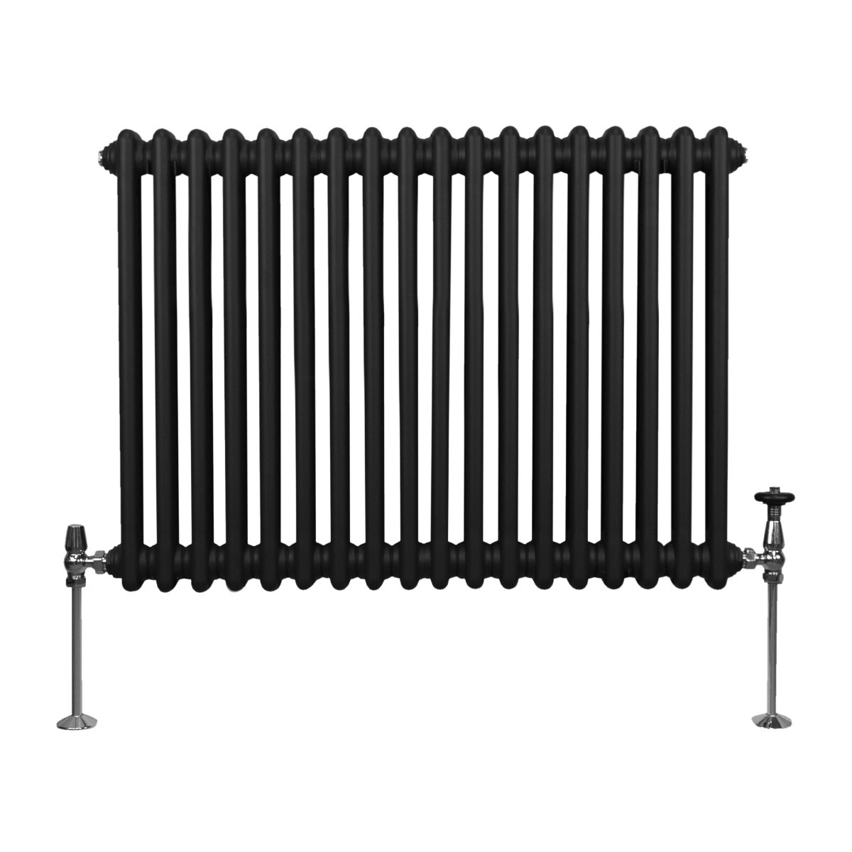 Radiateur traditionnel noir à 2 colonnes, 600 x 832 mm, avec des tubes lisses et des pieds en métal chromé, design élégant et classique