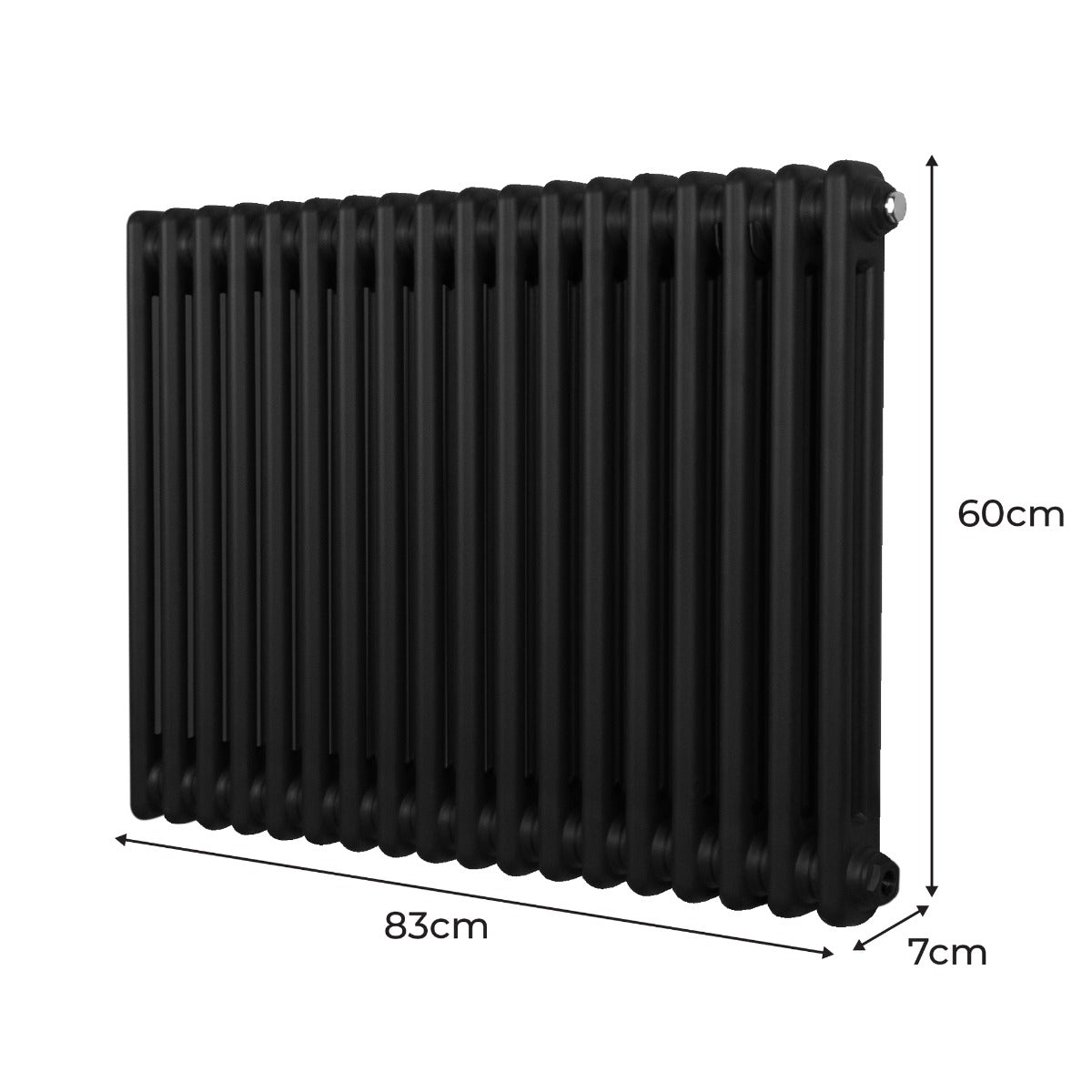 Radiateur traditionnel noir à deux colonnes, dimensions 600 x 832 mm, avec une texture lisse et des lignes élégantes, idéal pour le chauffage intérieur