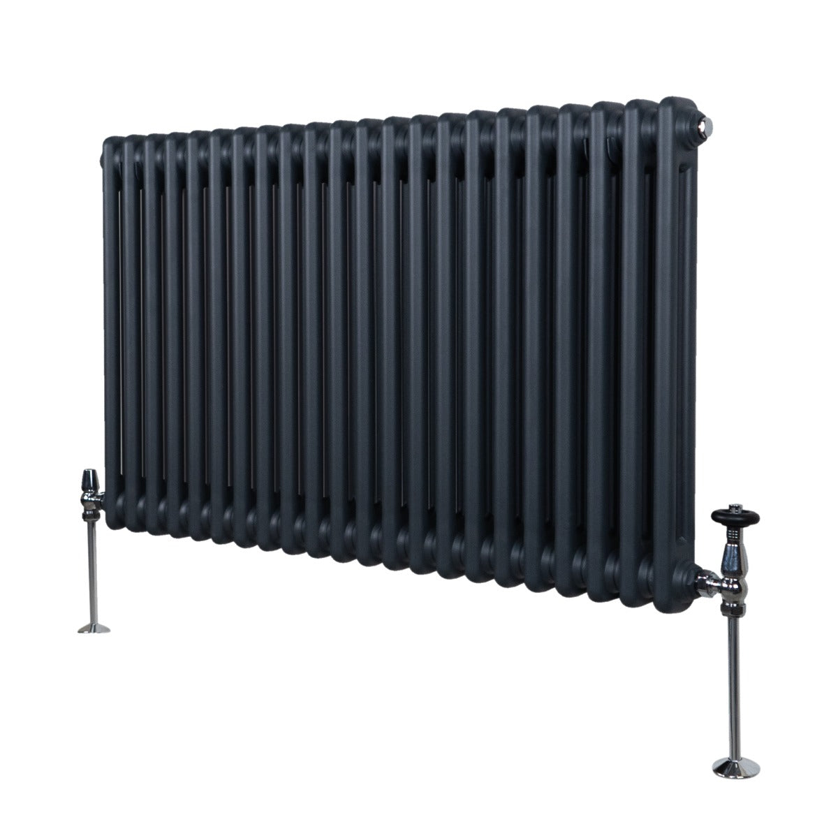 Radiateur traditionnel à deux colonnes, gris anthracite, avec une finition lisse et des pieds en métal chromé, 600 x 1012 mm
