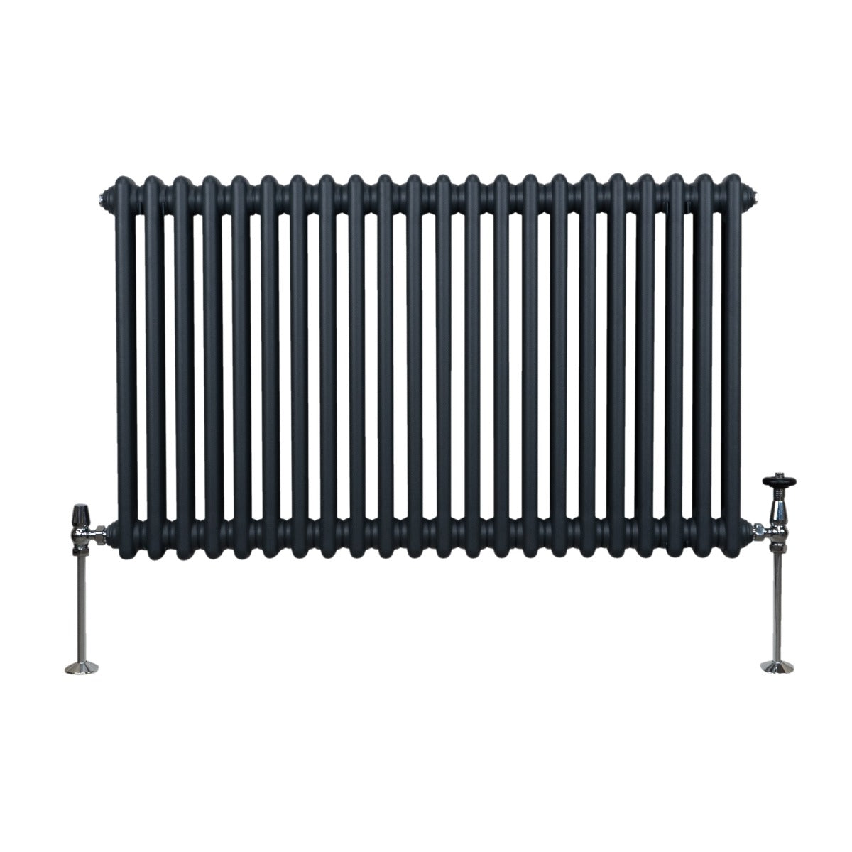 Radiateur traditionnel à 2 colonnes en gris anthracite, avec une finition lisse et des pieds en métal chromé, dimensions 600 x 1012 mm