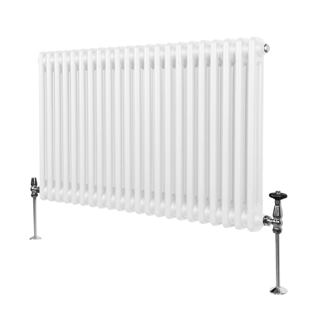 Radiateur traditionnel à 2 colonnes, blanc, 600 x 1012 mm, avec des finitions chromées et une texture lisse et brillante