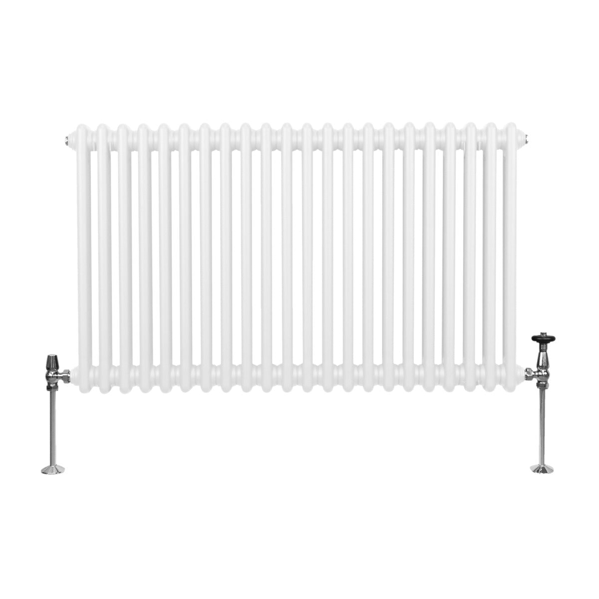 Radiateur traditionnel à 2 colonnes, 600 x 1012 mm, finition blanche lisse, avec des pieds en métal chromé et des robinets élégants