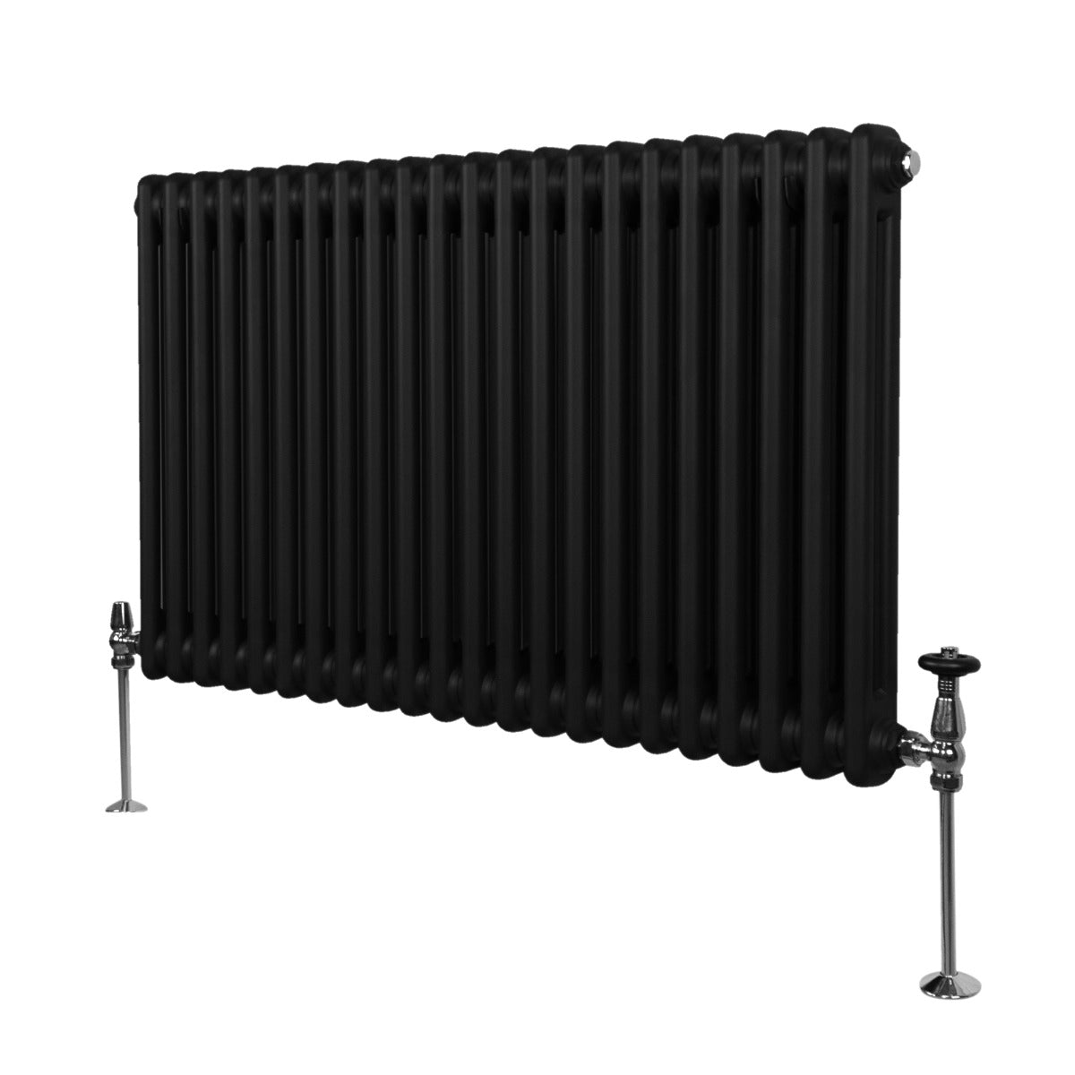 Radiateur traditionnel noir à 2 colonnes, 600 x 1012 mm, avec finition lisse et pieds en métal chromé, idéal pour un intérieur élégant