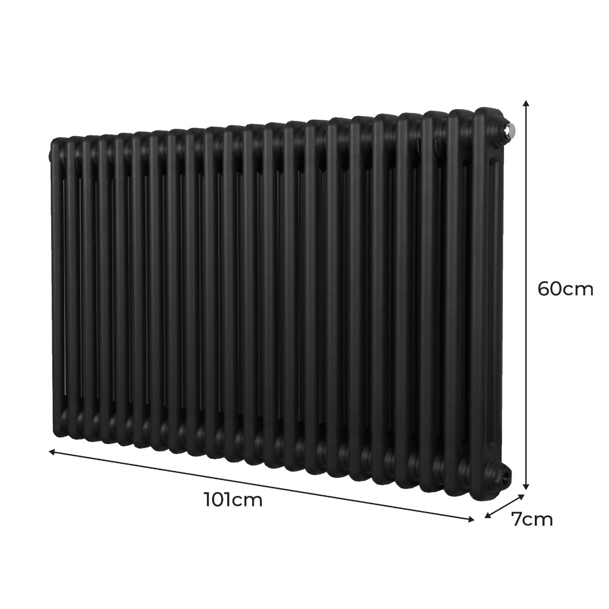 Radiateur traditionnel noir à 2 colonnes, dimensions 600 x 1012 mm, avec une surface lisse et des lignes élégantes pour un style classique