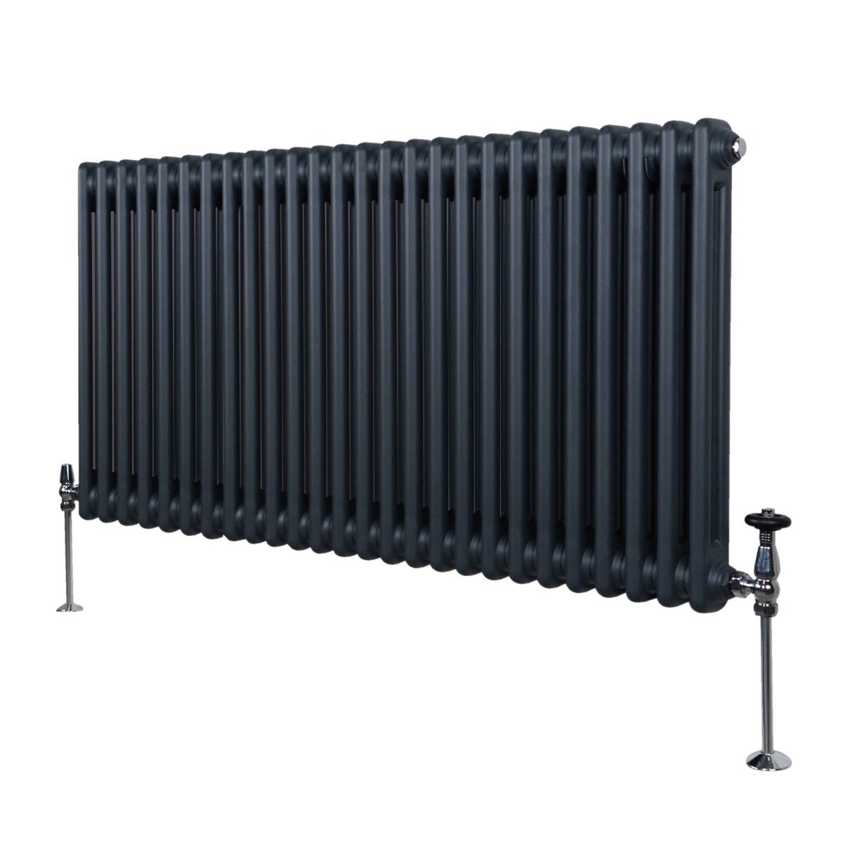 Radiateur traditionnel à 2 colonnes gris anthracite, 600 x 1192 mm, avec finition lisse et pieds en métal chromé élégants