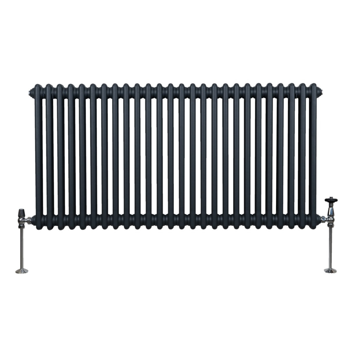 Radiateur traditionnel à 2 colonnes, 600 x 1192 mm, finition gris anthracite, avec des tuyaux en métal brillant et des supports robustes