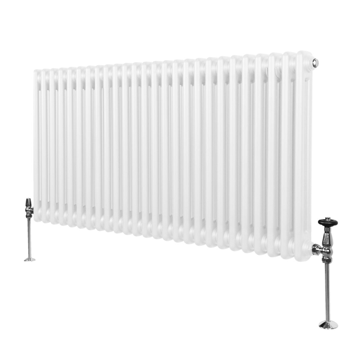 Radiateur traditionnel à deux colonnes, finition blanche, 600 x 1192 mm, avec des robinets chromés et une texture lisse