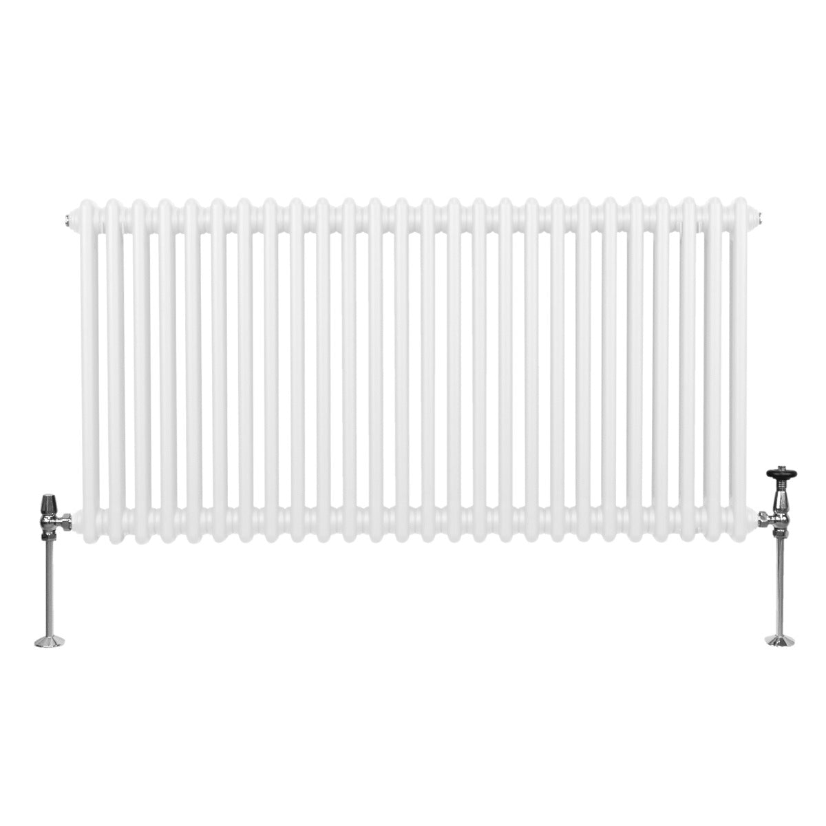 Radiateur traditionnel à deux colonnes, blanc, 600 x 1192 mm, avec des finitions lisses et des robinets en métal chromé sur les côtés