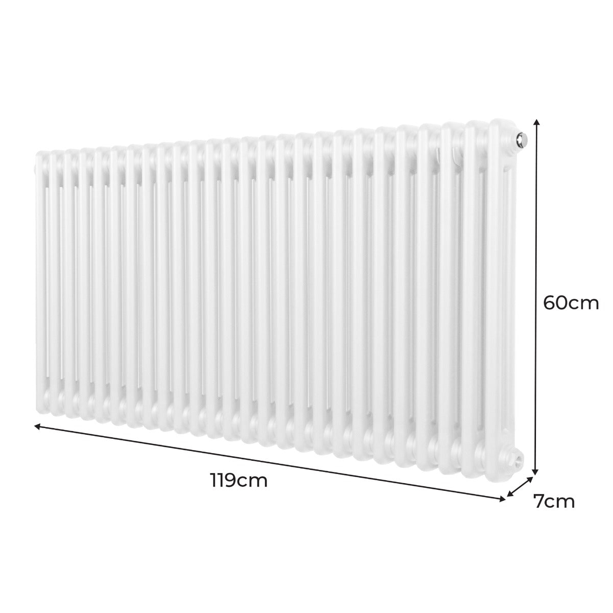 Radiateur traditionnel à 2 colonnes, blanc, dimensions 600 x 1192 mm, surface lisse et finition brillante, design classique et élégant