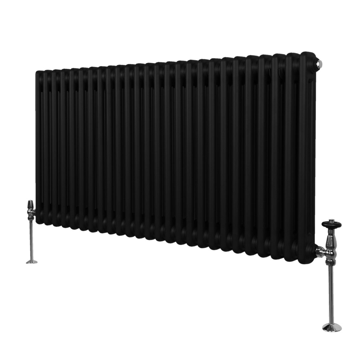 Radiateur traditionnel noir à deux colonnes, 600 x 1192 mm, avec finition lisse et pieds en métal chromé pour un style élégant