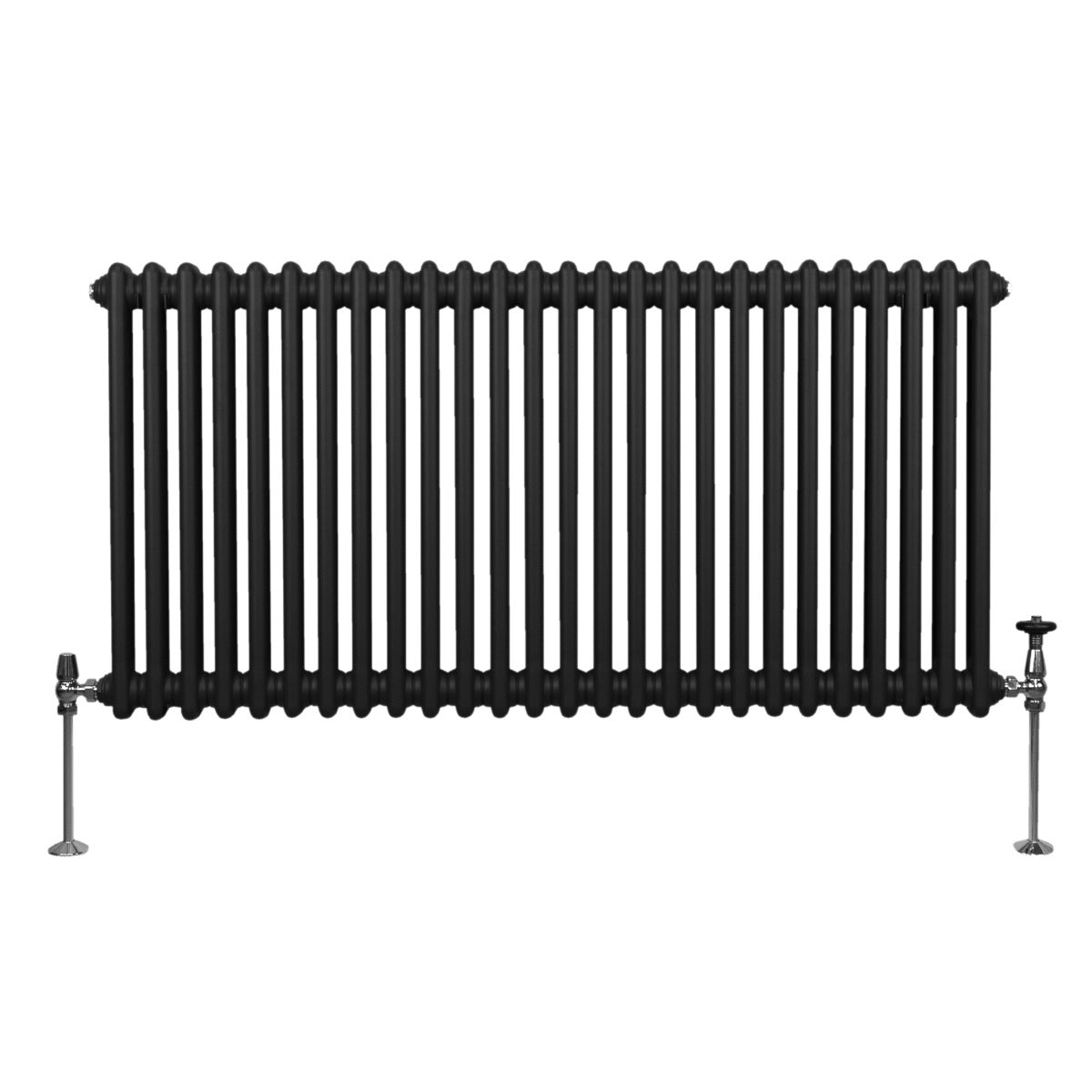 Radiateur traditionnel noir à deux colonnes, 600 x 1192 mm, avec une finition lisse et des pieds en métal chromé brillants