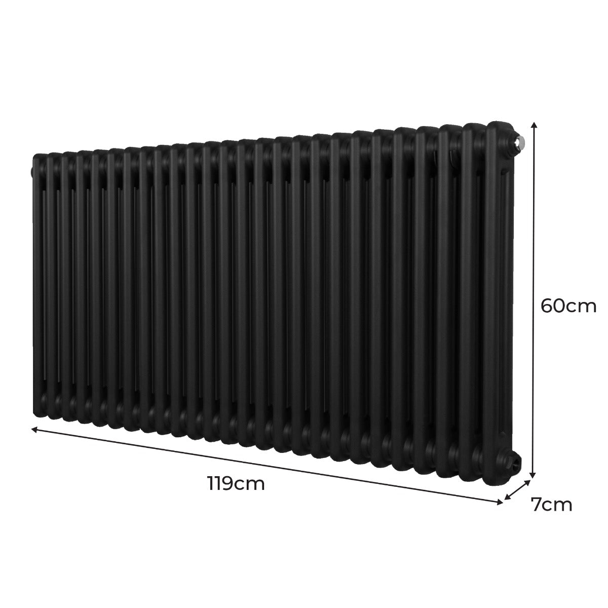 Radiateur traditionnel noir à 2 colonnes, dimensions 600 x 1192 mm, avec une surface lisse et des lignes élégantes pour un style classique