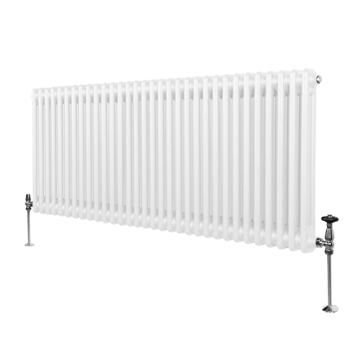 Radiateur traditionnel à 2 colonnes, 600 x 1462 mm, finition blanche lisse, avec des pieds en métal chromé et des robinets élégants