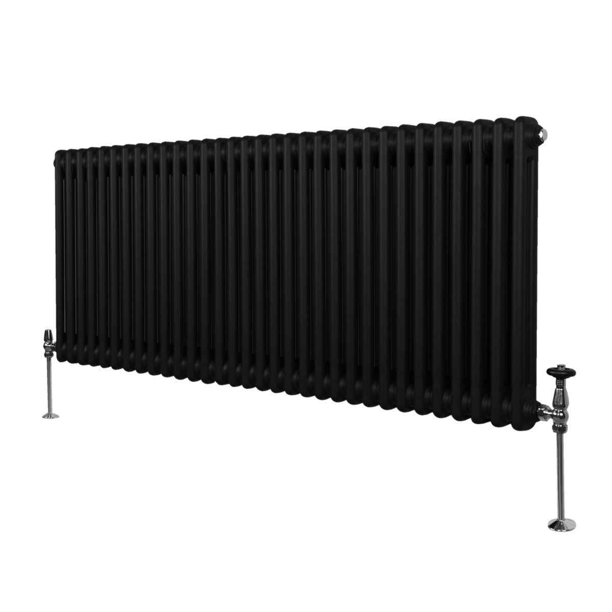 Radiateur traditionnel noir à 2 colonnes, dimensions 600 x 1462 mm, avec finition lisse et pieds en métal chromé, design élégant et moderne