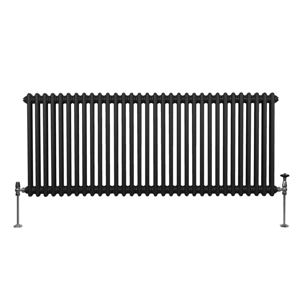 Radiateur traditionnel à 2 colonnes, 600 x 1462 mm, finition noire, avec des tuyaux en métal et des pieds robustes en acier